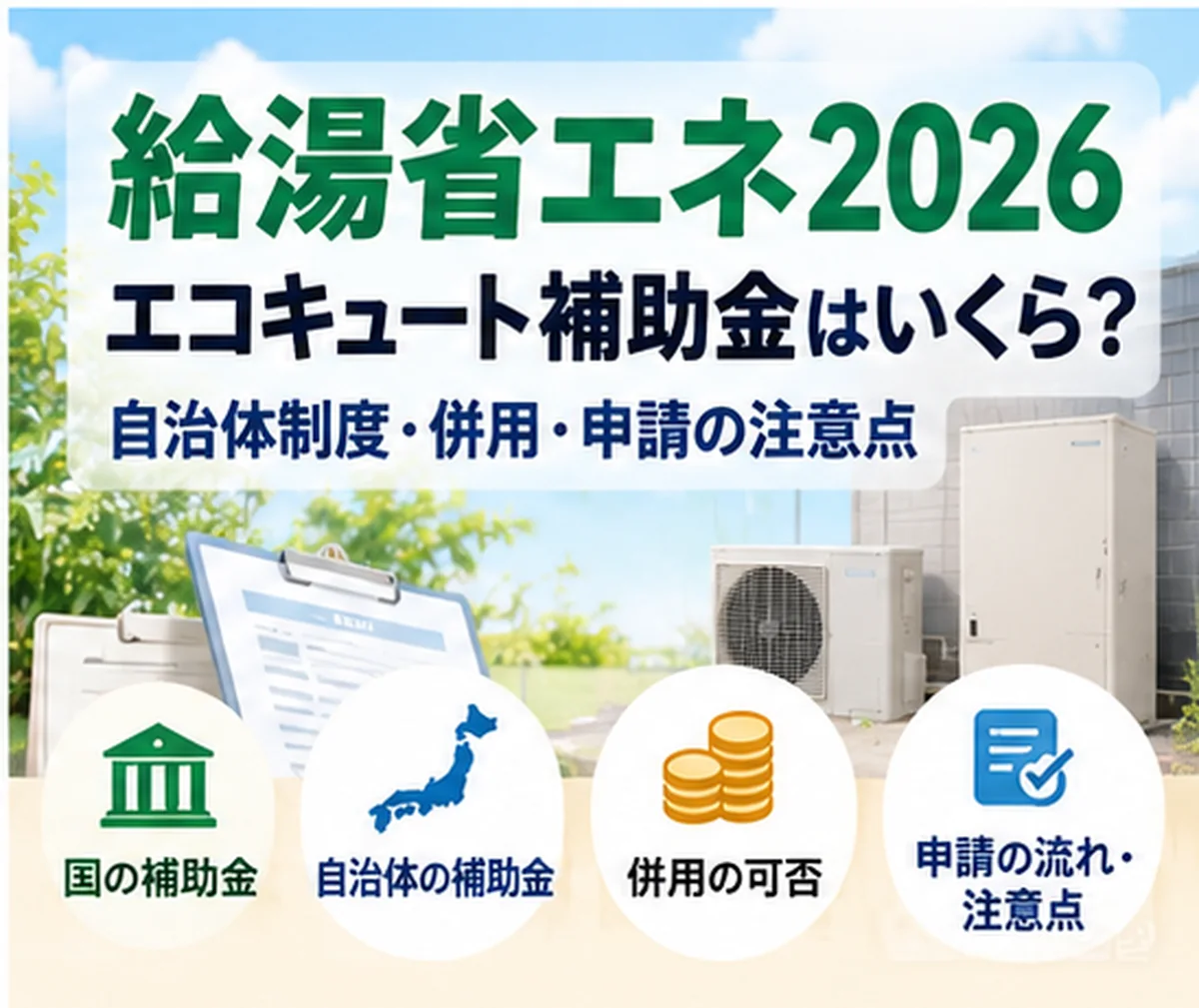 給湯省エネ2026と自治体補助金の併用や申請注意点を示す図